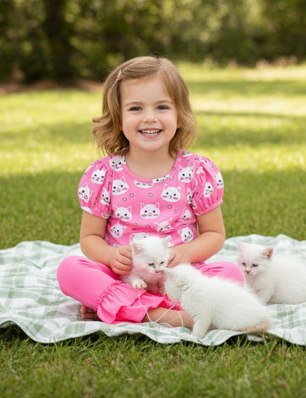 Puff Sleeve Top Pink Kittens