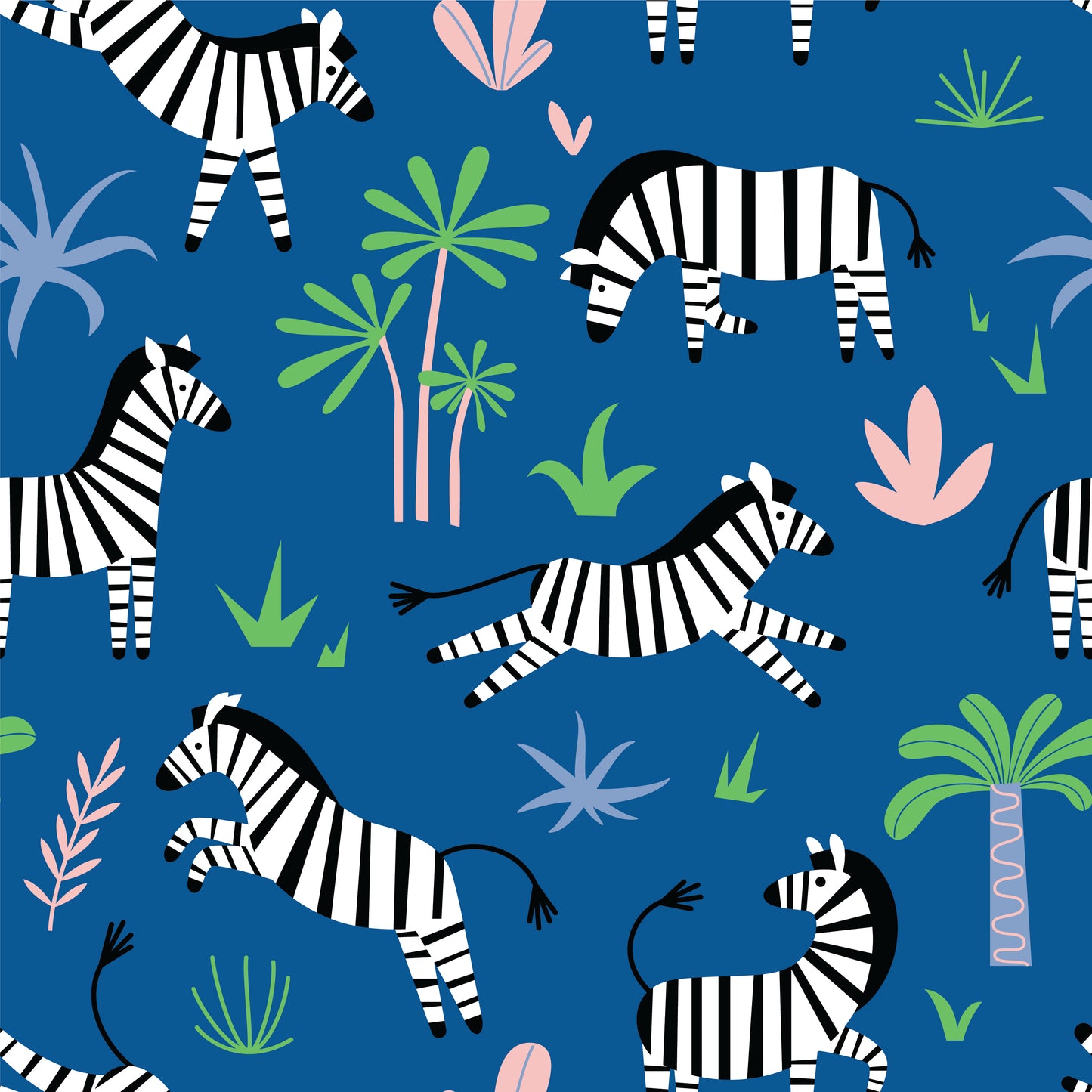Pattern of zebras and tropical plants on a blue background