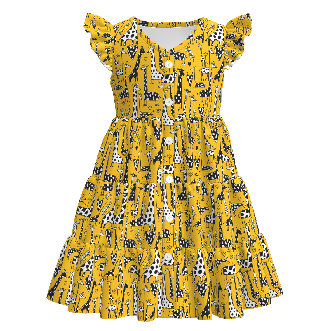Yellow dress with giraffe print pattern on a white background