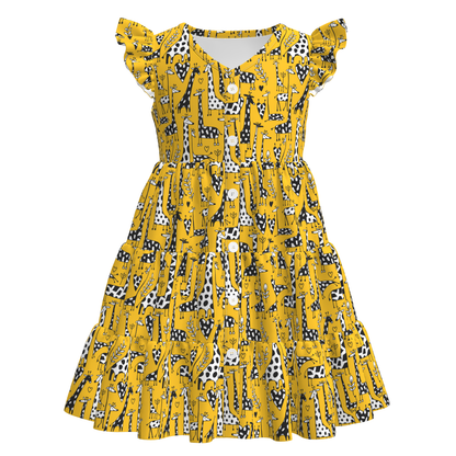 Yellow dress with giraffe print pattern on a white background