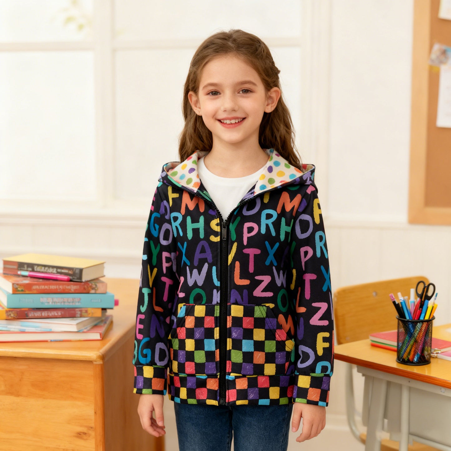 Girl wearing a colorful alphabet-patterned jacket in an indoor setting
