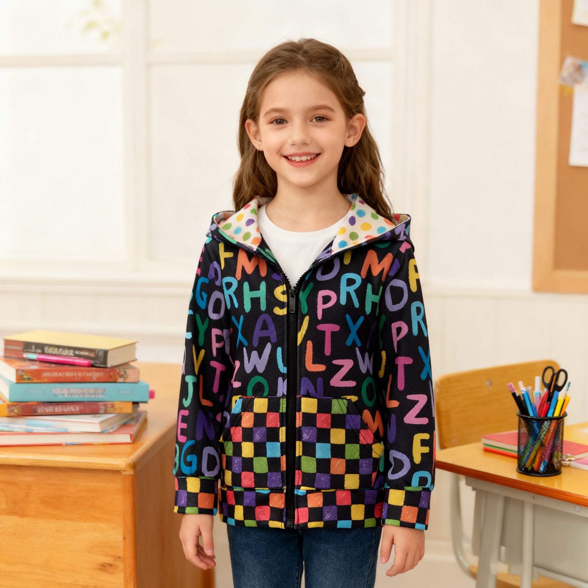 Girl wearing a colorful alphabet-patterned jacket in an indoor setting