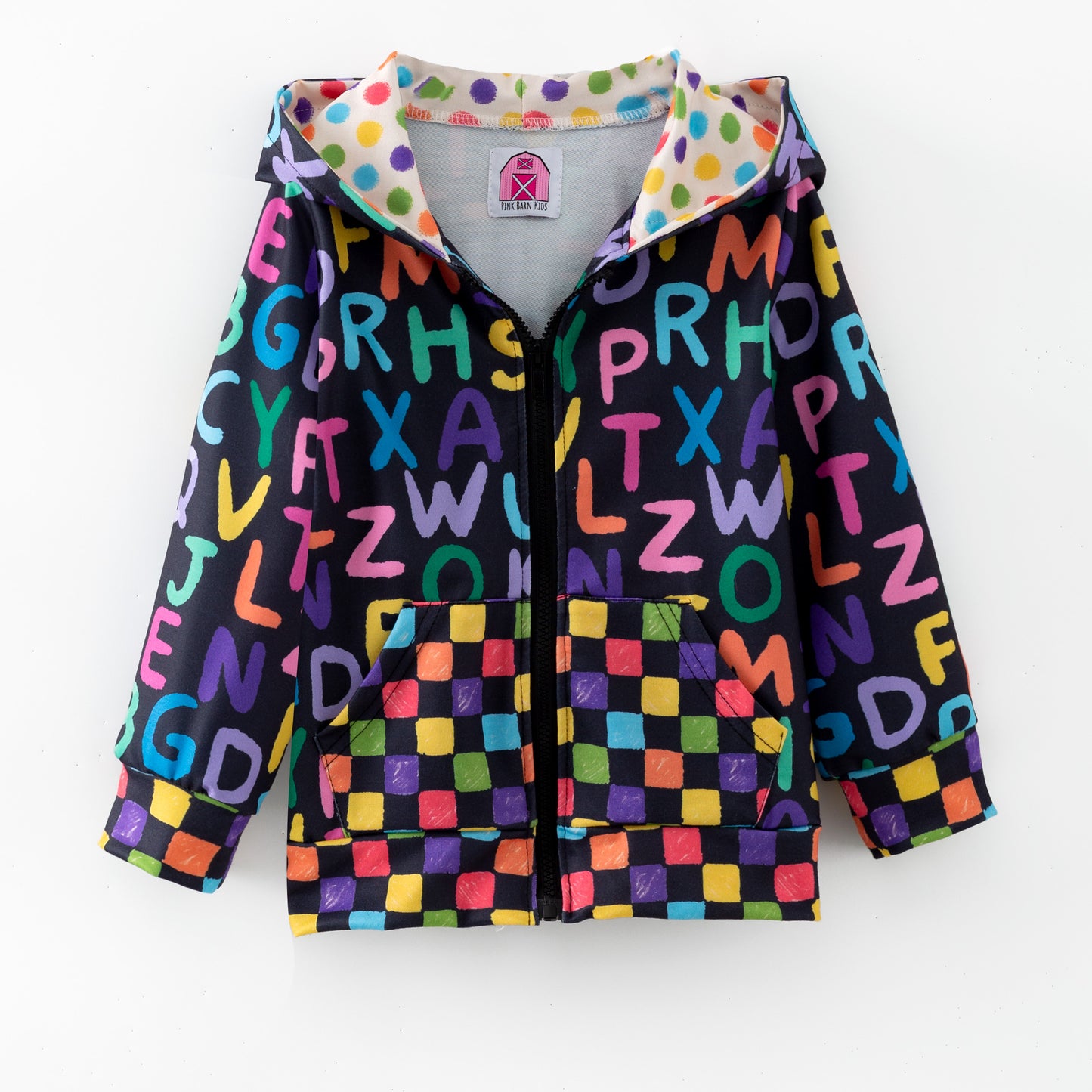 Children's hoodie with colorful alphabet pattern