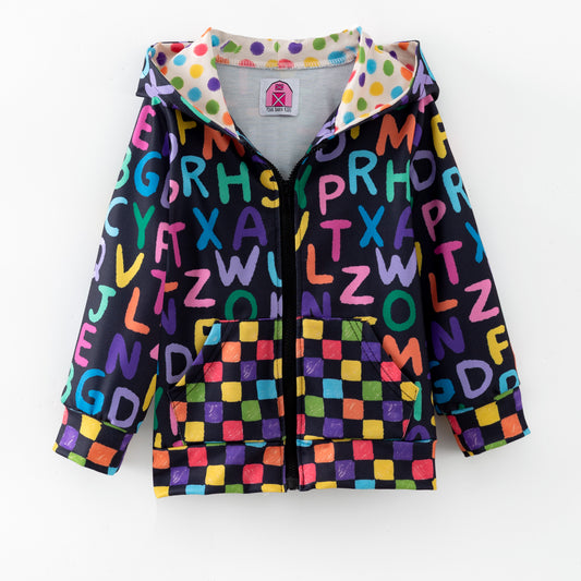 Children's hoodie with colorful alphabet pattern