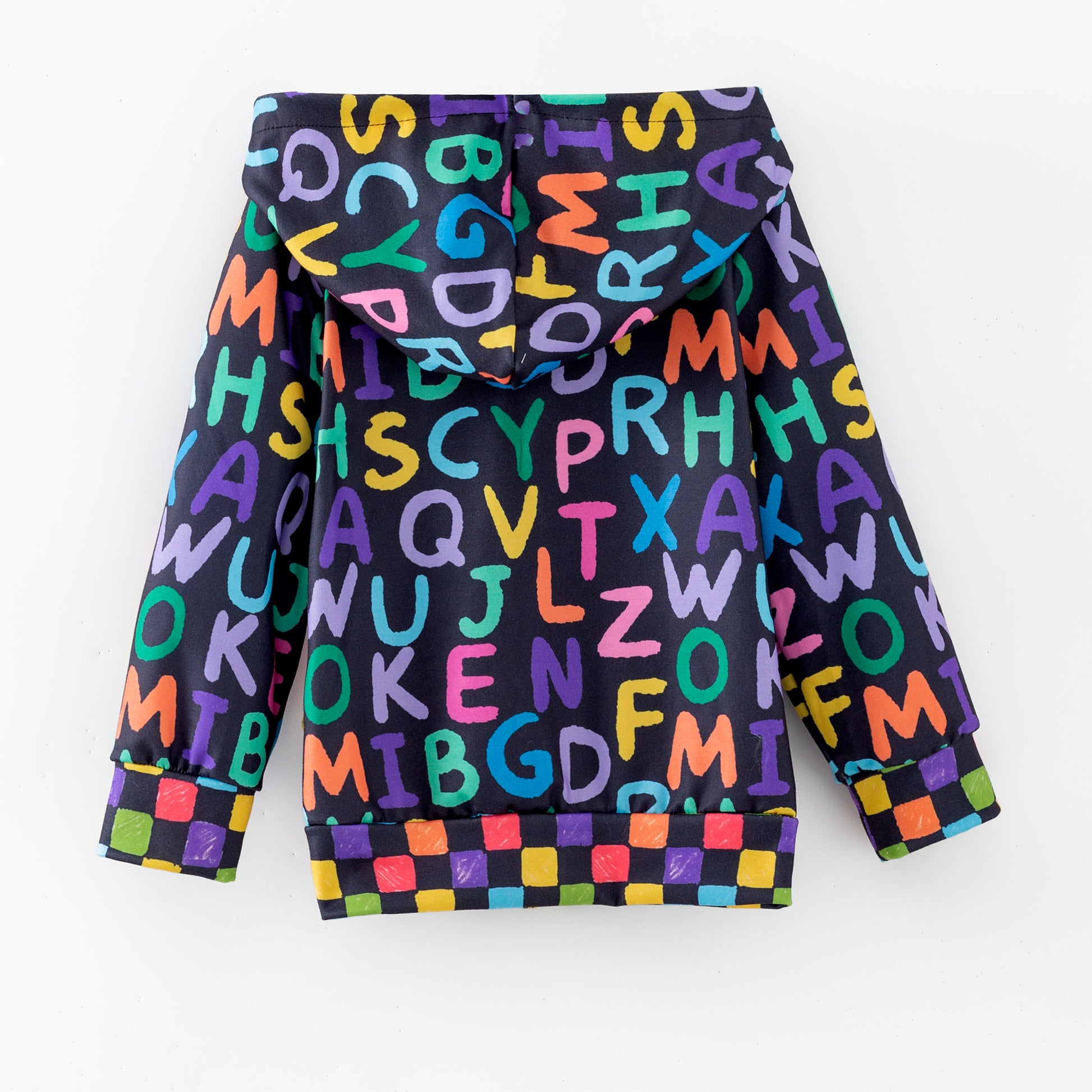 Black hoodie with colorful letters on a white background
