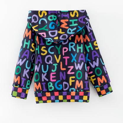Black hoodie with colorful letters on a white background