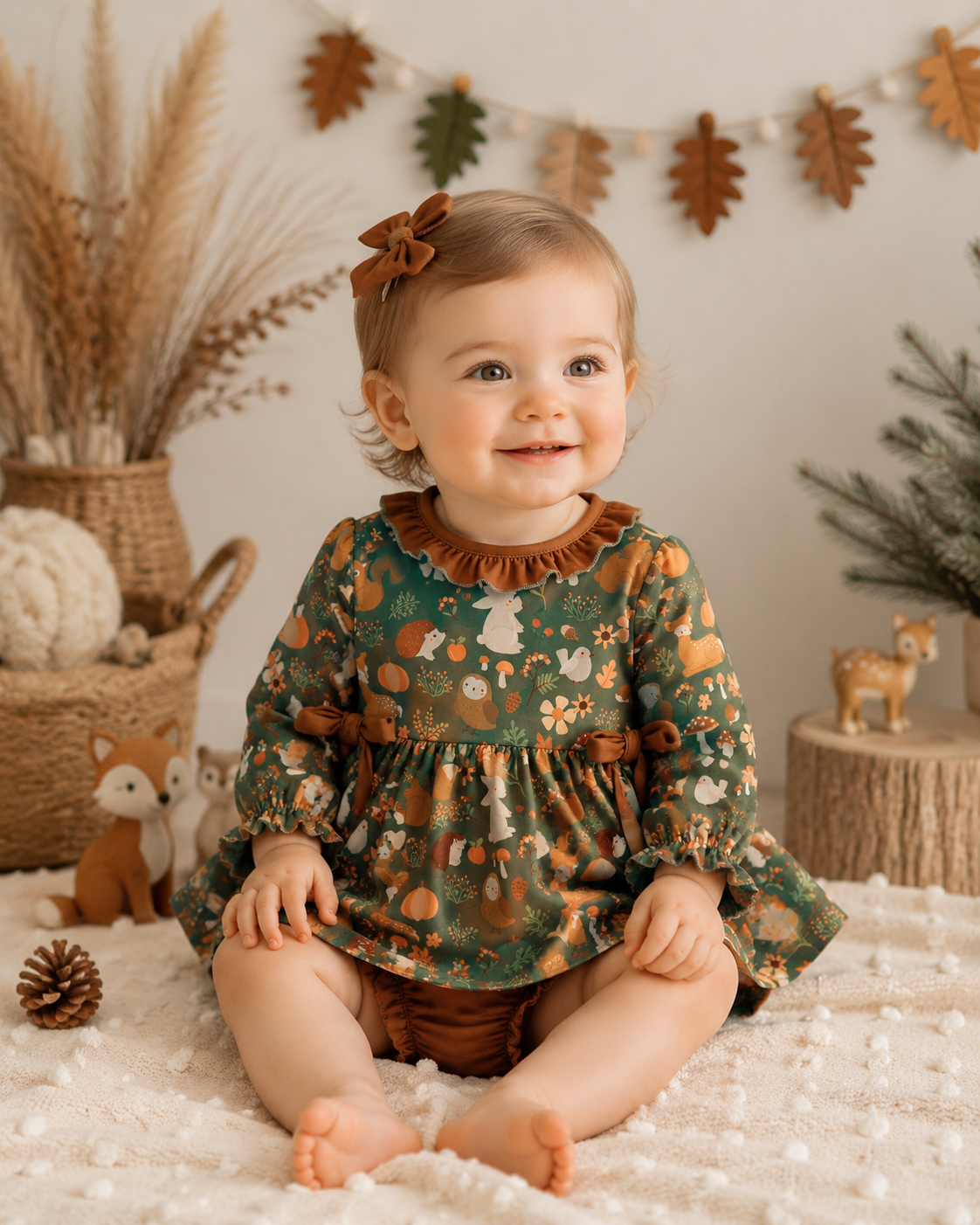 Child wearing a patterned dress sitting on a soft surface with autumn decorations in the background.