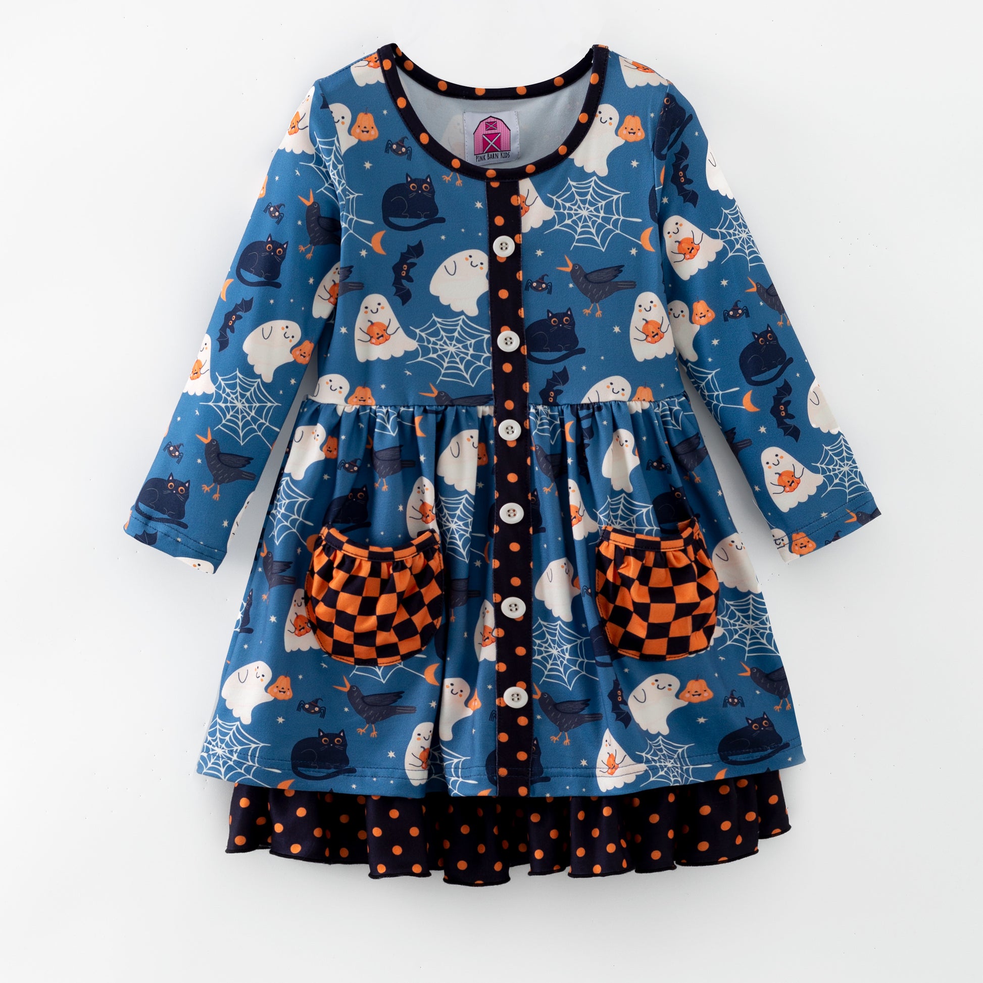 Children's Halloween-themed dress with ghost, pumpkin, and spider web patterns on a blue background.