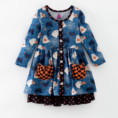 Children's Halloween-themed dress with ghost, pumpkin, and spider web patterns on a blue background.