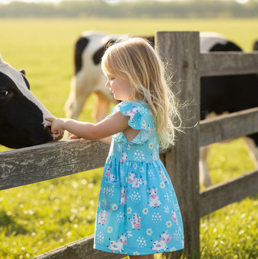 Child in a blue dress interacting with a cow in a grassy field