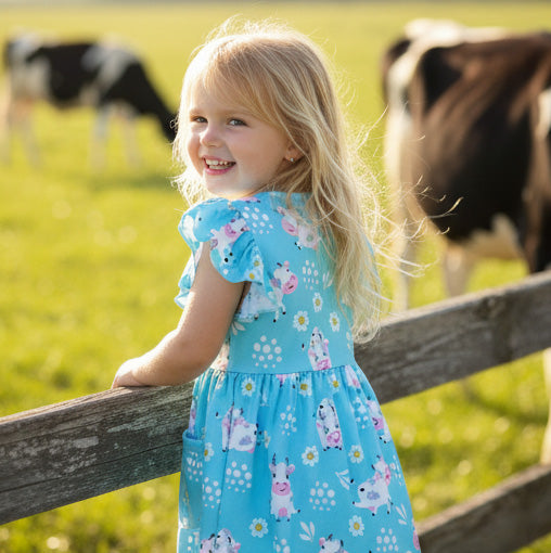 Blue Cow Flutter Sleeve Dress