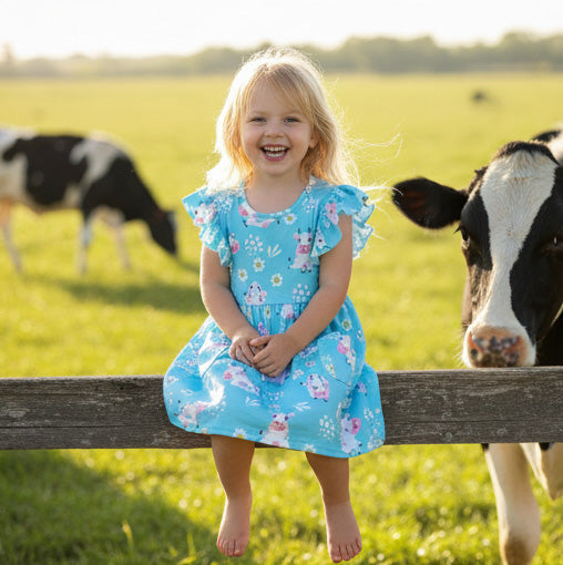 Blue Cow Flutter Sleeve Dress