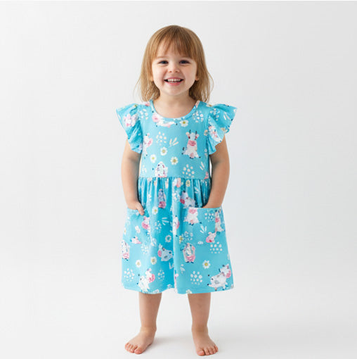 Blue Cow Flutter Sleeve Dress