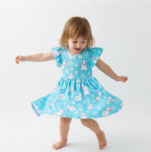 Blue Cow Flutter Sleeve Dress