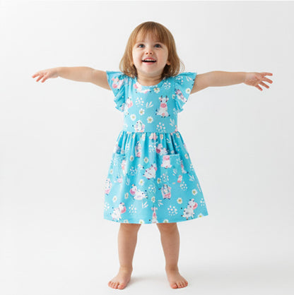 Blue Cow Flutter Sleeve Dress