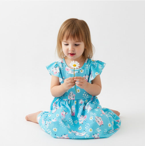 Blue Cow Flutter Sleeve Dress