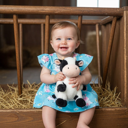 Baby in a blue cow print romper holding a cow plush toy in a barn