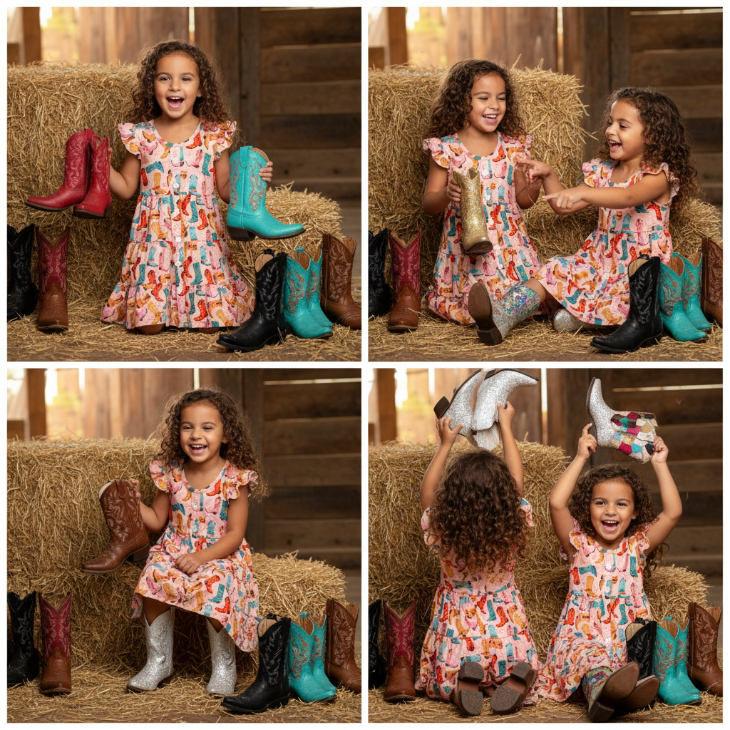 Collage of a young girl in a colorful dress playing with various boots on a hay bale.