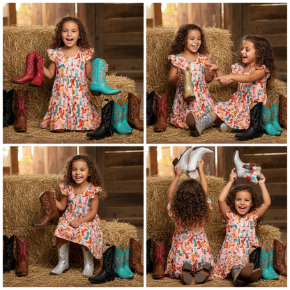 Collage of a young girl in a colorful dress playing with various boots on a hay bale.