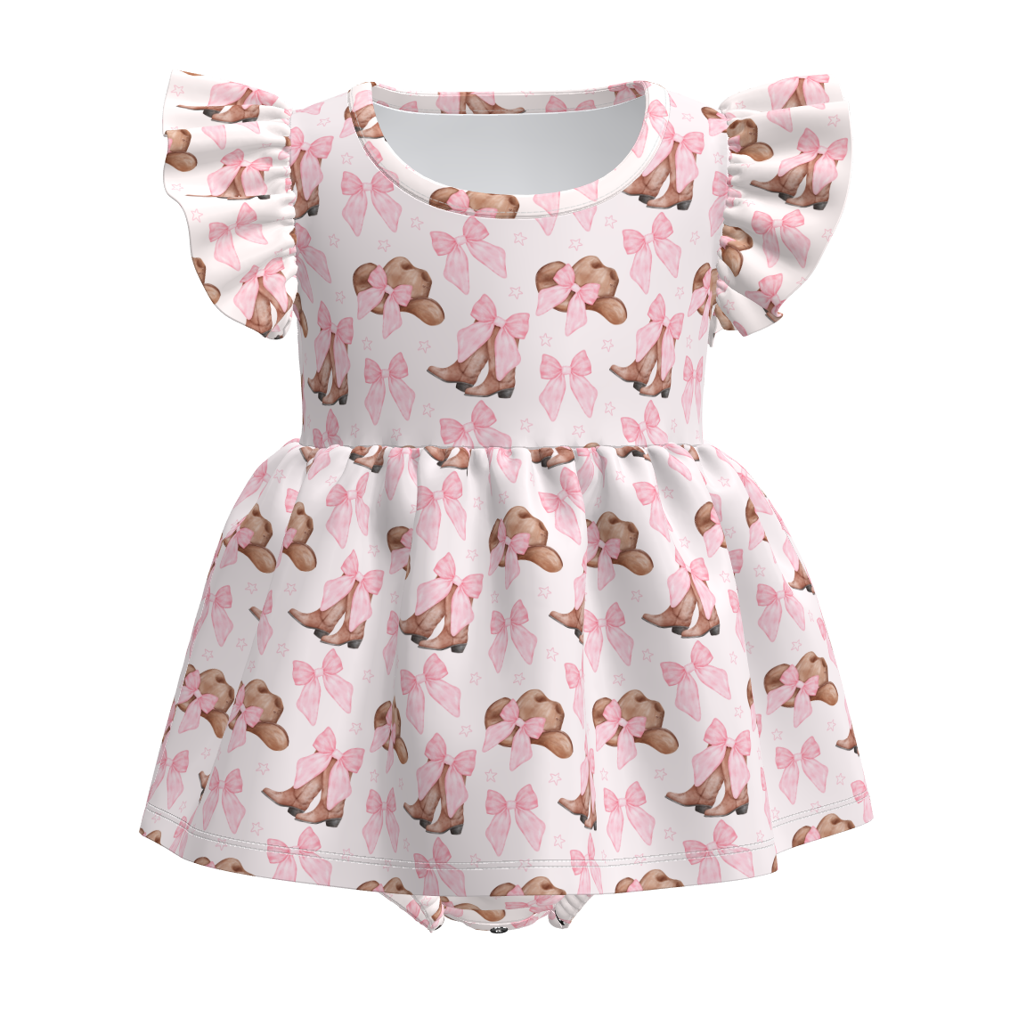 Baby Romper with pink bows and brown cowboy hats and boots