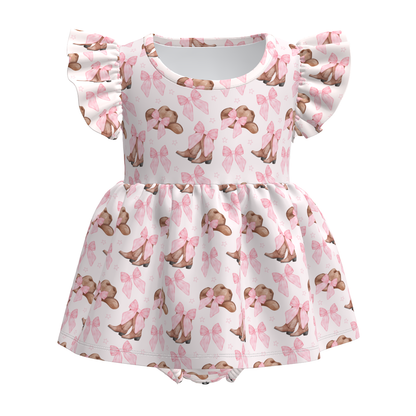 Baby Romper with pink bows and brown cowboy hats and boots