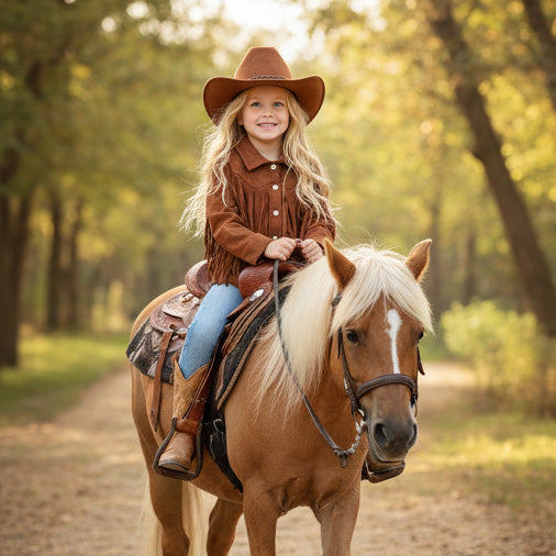 Young girl in a cowboy hat riding a horse in a forest setting