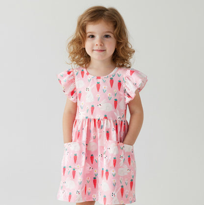 Bunny and Carrot Flutter Sleeve Dress