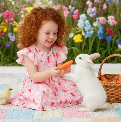 Bunny and Carrot Flutter Sleeve Dress