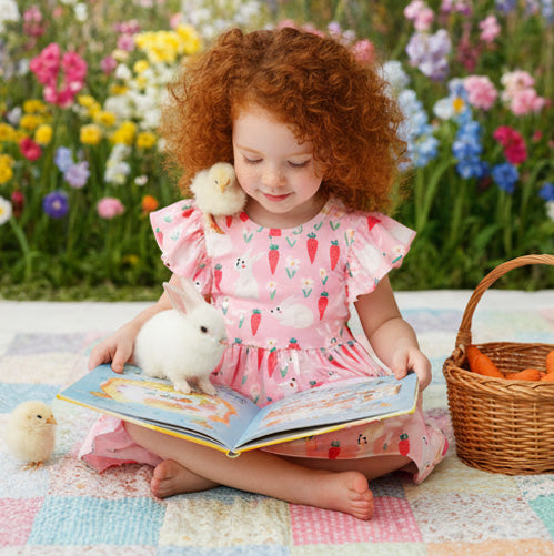 Bunny and Carrot Flutter Sleeve Dress