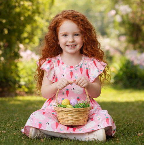 Bunny and Carrot Flutter Sleeve Dress