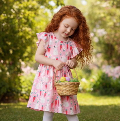 Bunny and Carrot Flutter Sleeve Dress