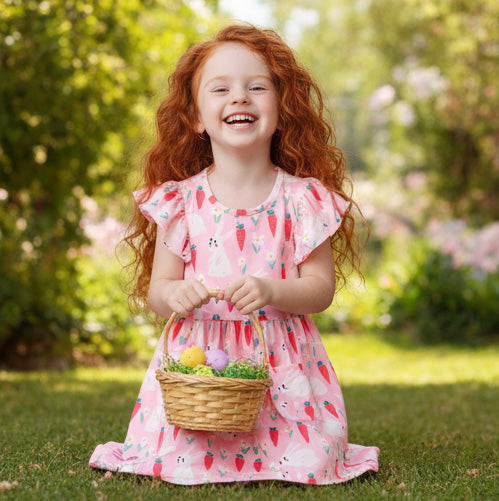 Young girl with red hair wearing a pink dress holding an Easter basket in a garden.