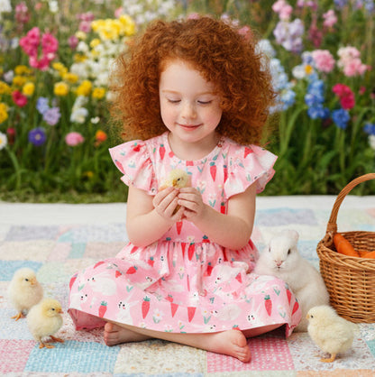 Bunny and Carrot Flutter Sleeve Dress