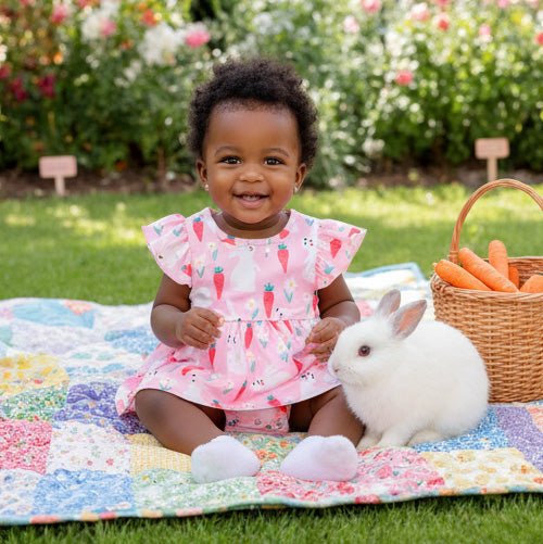 Child in a pink romper sitting on a colorful blanket with a rabbit and carrots in a garden.