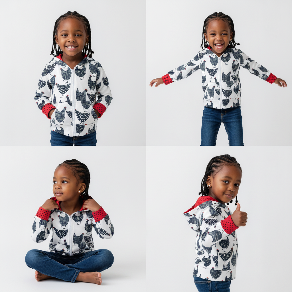 Four poses of a child wearing a patterned shirt and jeans on a white background