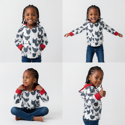Four poses of a child wearing a patterned shirt and jeans on a white background