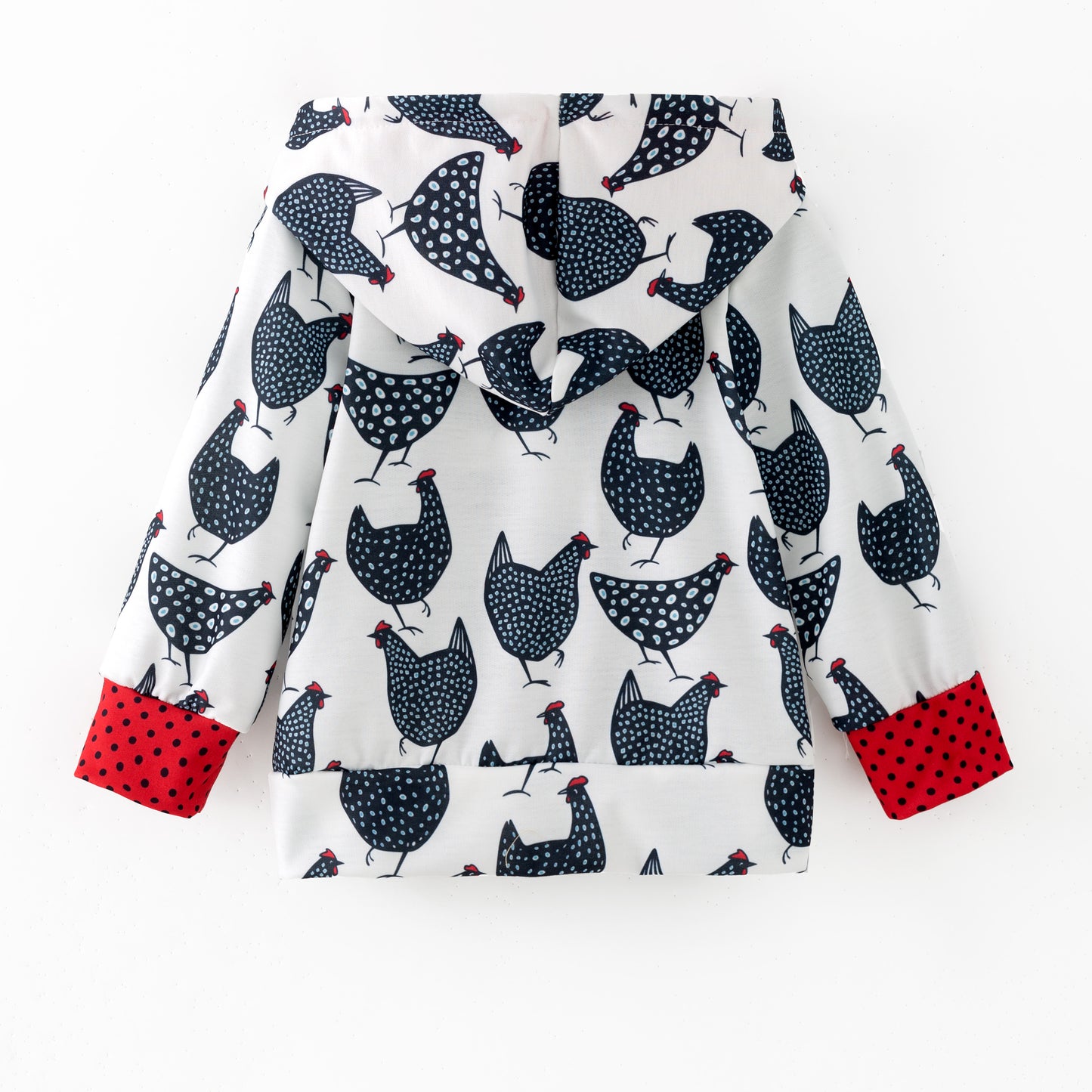Children's hoodie with chicken pattern and red accents on a white background