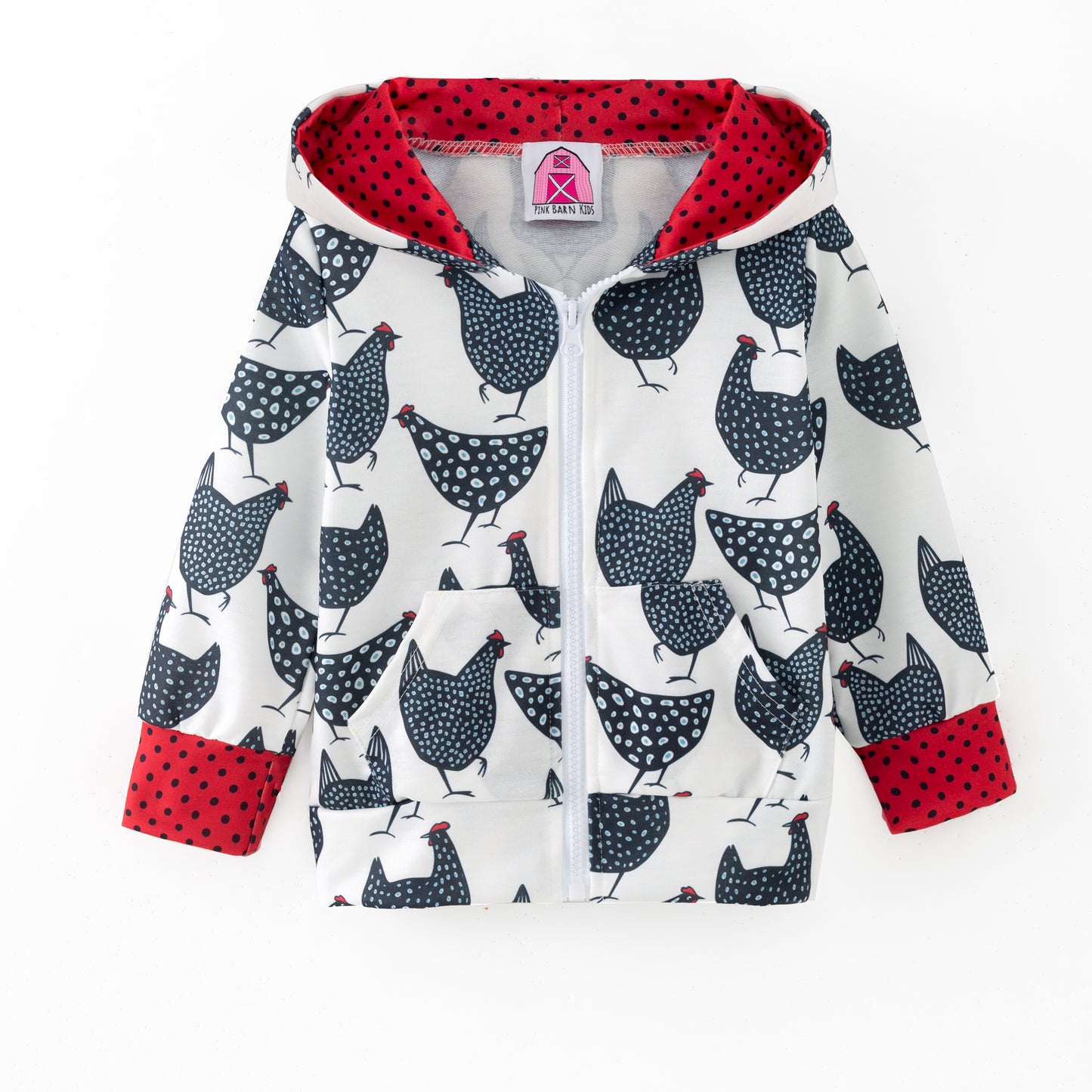Children's hoodie with chicken pattern and red hood lining on a white background