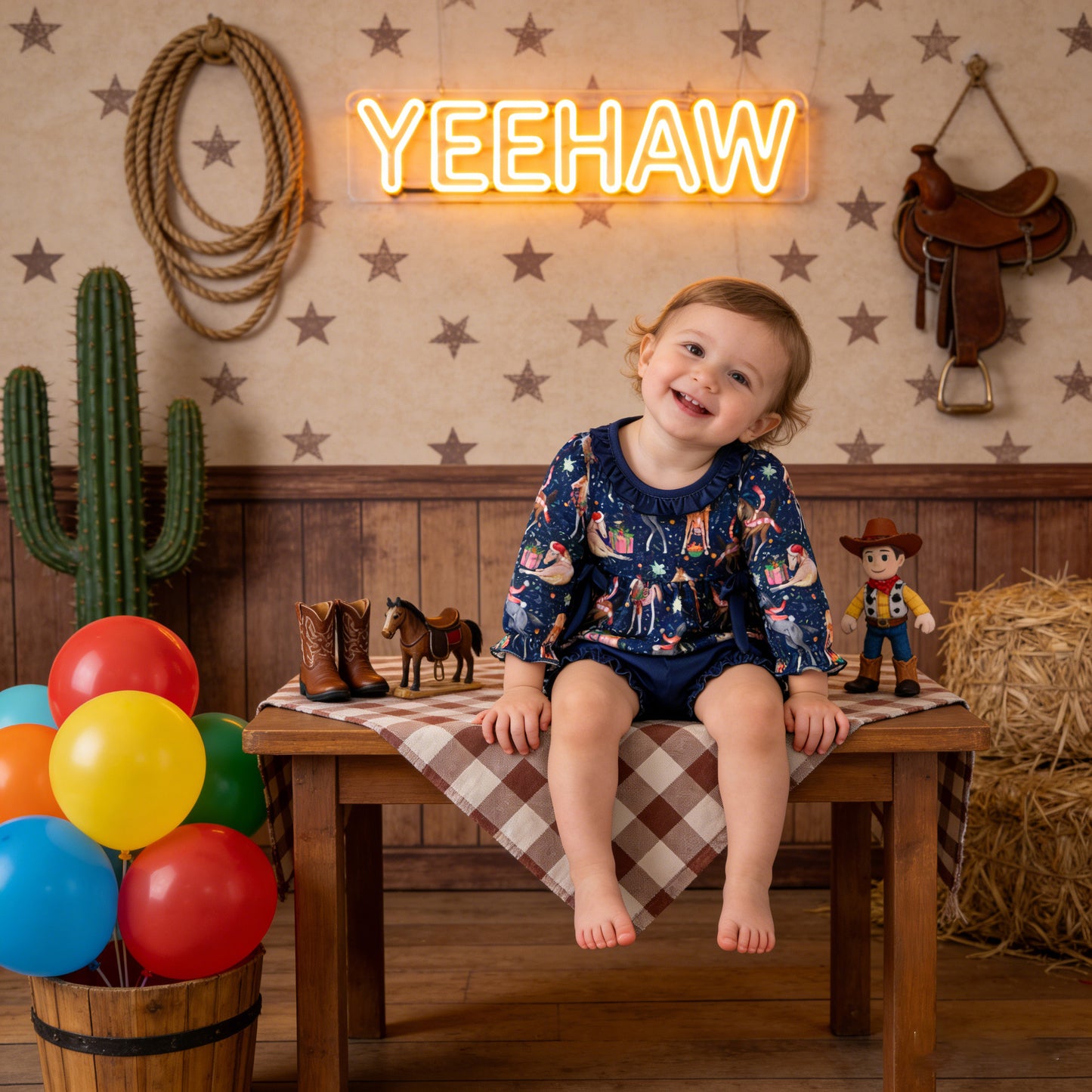 Child sitting on a table with cowboy-themed decorations and a neon 'YEEHAW' sign.