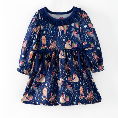Children's dress with Christmas horse print andd ruffle around collar. Long Sleeves.