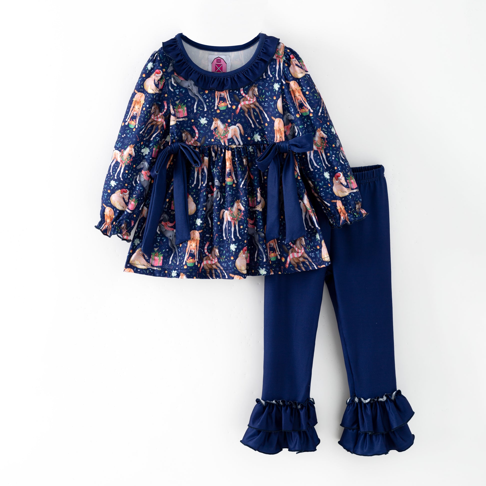 Navy blue children's outfit with ruffled top and leggings . Christmas Horse print