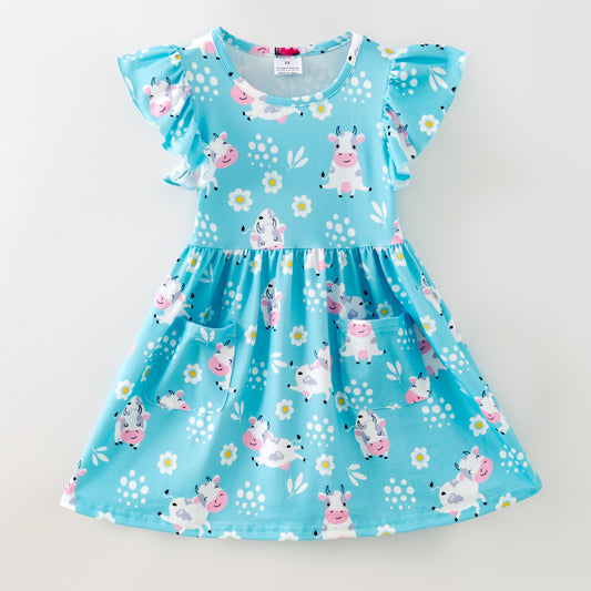 Blue Cow Flutter Sleeve Dress