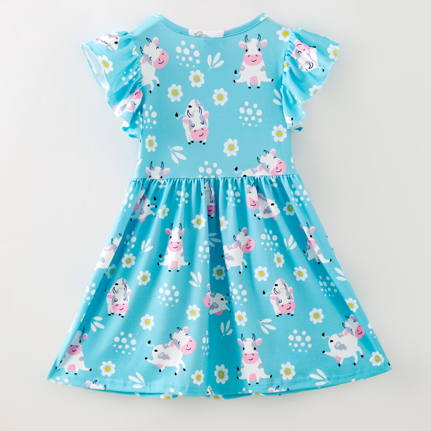 Blue Cow Flutter Sleeve Dress