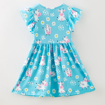 Blue Cow Flutter Sleeve Dress