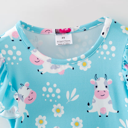 Blue Cow Flutter Sleeve Dress