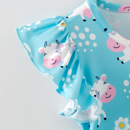 Blue Cow Flutter Sleeve Dress