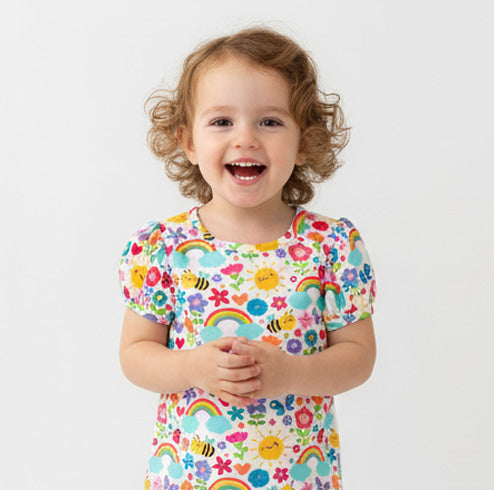 Child wearing a colorful floral and rainbow patterned shirt on a white background