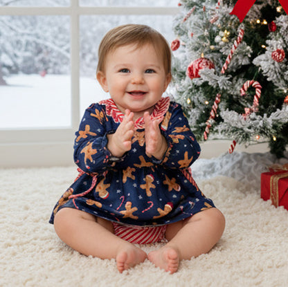 Baby clapping in front of a Christmas tree with decorations
