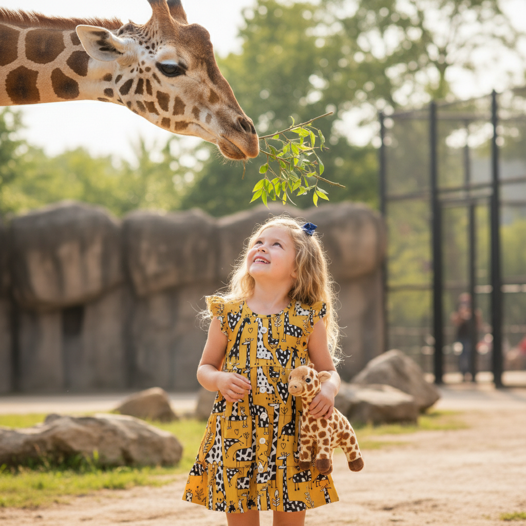 Child in a yellow dress with a giraffe pattern feeding a giraffe at a zoo.
