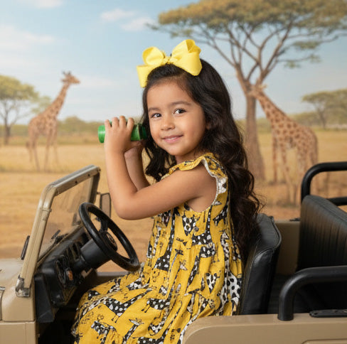 Young girl in a yellow dress with a bow, sitting in a toy safari vehicle with giraffes in the background.